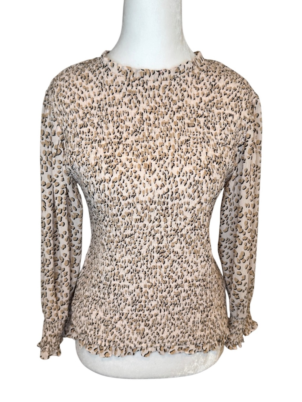 NWT Express Smocked Leopard Print 3/4 Sleeve Blouse Size M
